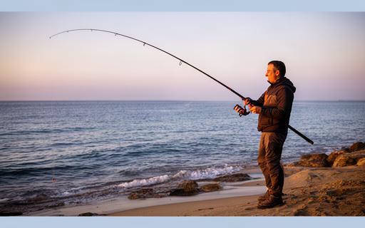 Pescatore sulla costa tirrenica all'alba con canna da surfcasting e mare calmo